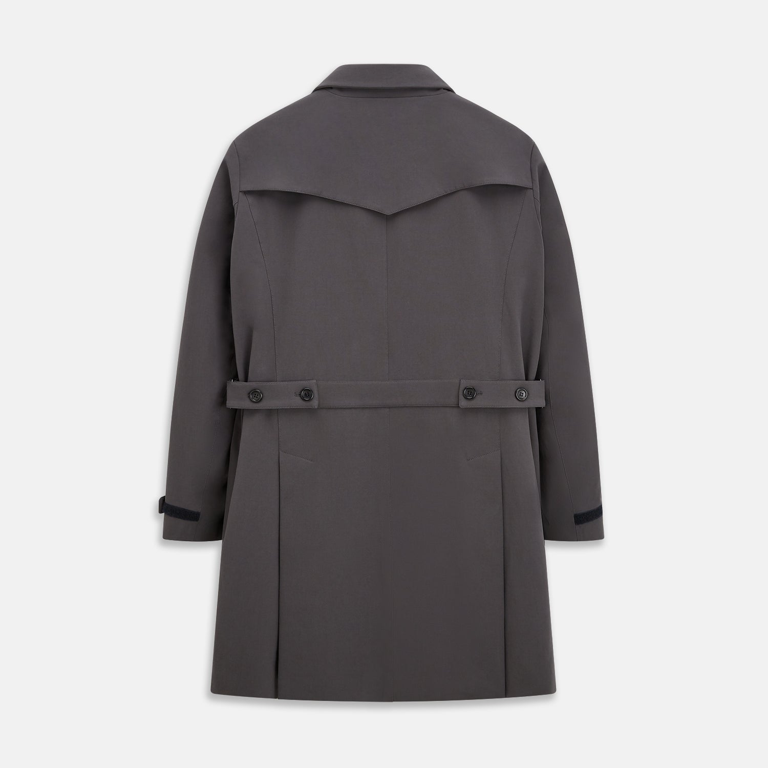 View 3 of product The Turnbull & Asser Charcoal Melange John Arthur Trench Coat, featuring a collar, single-breasted closure, and three zippered pockets—one chest and two at the hips—is shown against a plain white background.