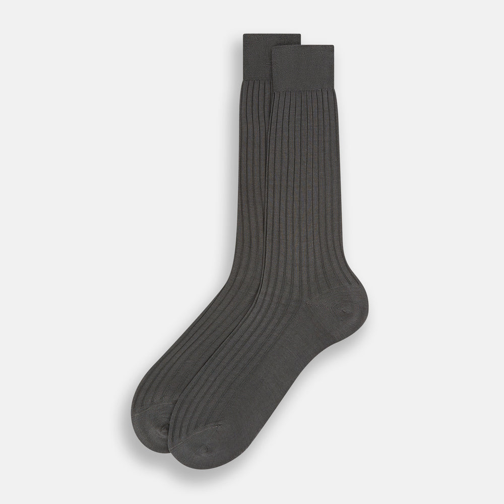 A single Concrete Mid-Length Sock by Turnbull & Asser, crafted from mercerised Egyptian cotton for refined comfort, is shown upright on a white background with the toe pointing left and the cuff at the top.