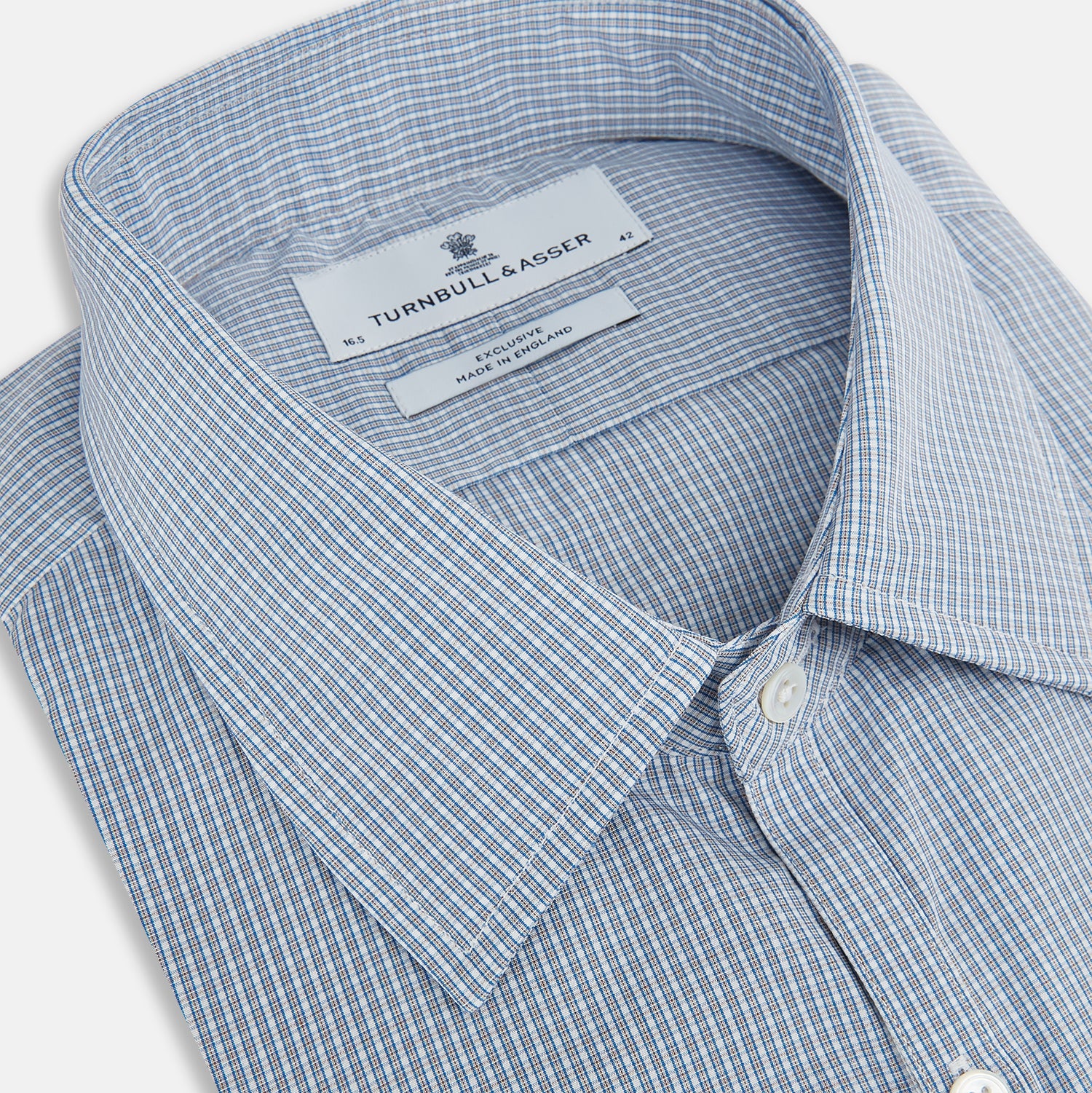 View 2 of product The Turnbull & Asser Blue and Brown Micro Shadow Check Westminster Shirt features a refined collar and white buttons, showcasing timeless British craftsmanship.