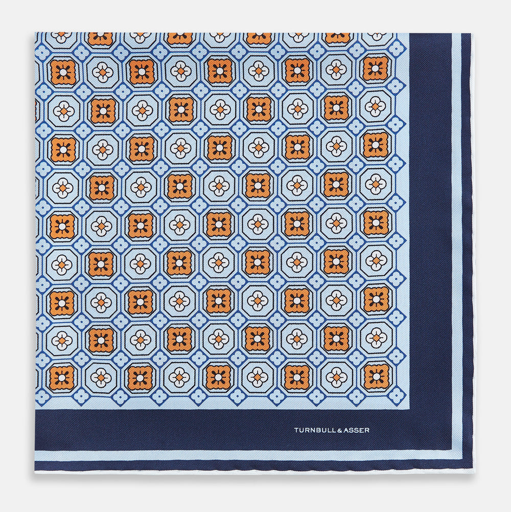 Blue Floral Tile Silk Pocket Square