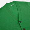 View 2 of product The Turnbull & Asser Lime Green Cashmere Cardigan features a V-neck, long sleeves, ribbed cuffs and hem, button-down front, and two front pockets—an essential knitwear piece shown against a plain white background.