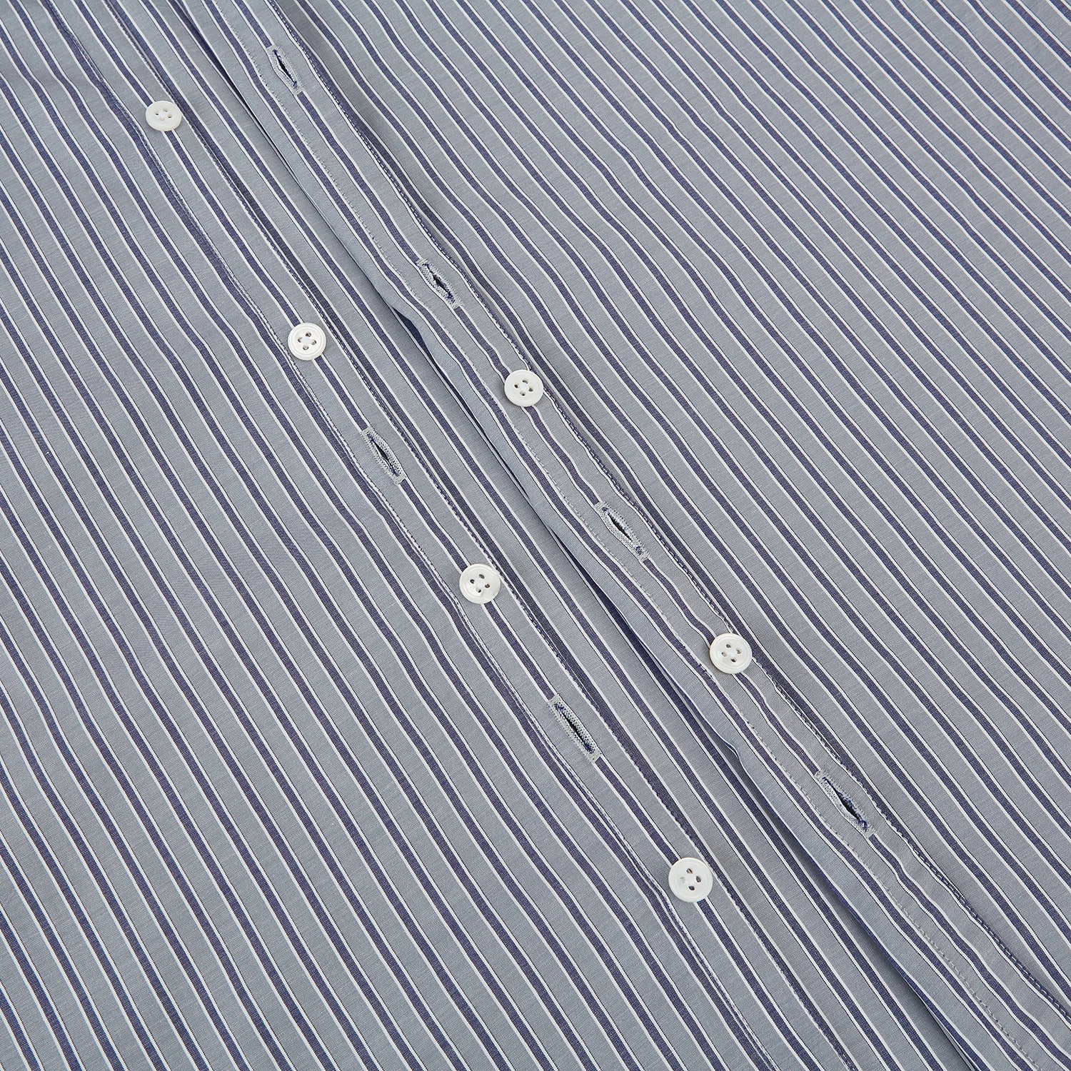 Image 7 of product The Turnbull & Asser Grey Ticking Stripe Westminster Shirt features thin vertical grey stripes and a classic collar, showcased against a plain white background.