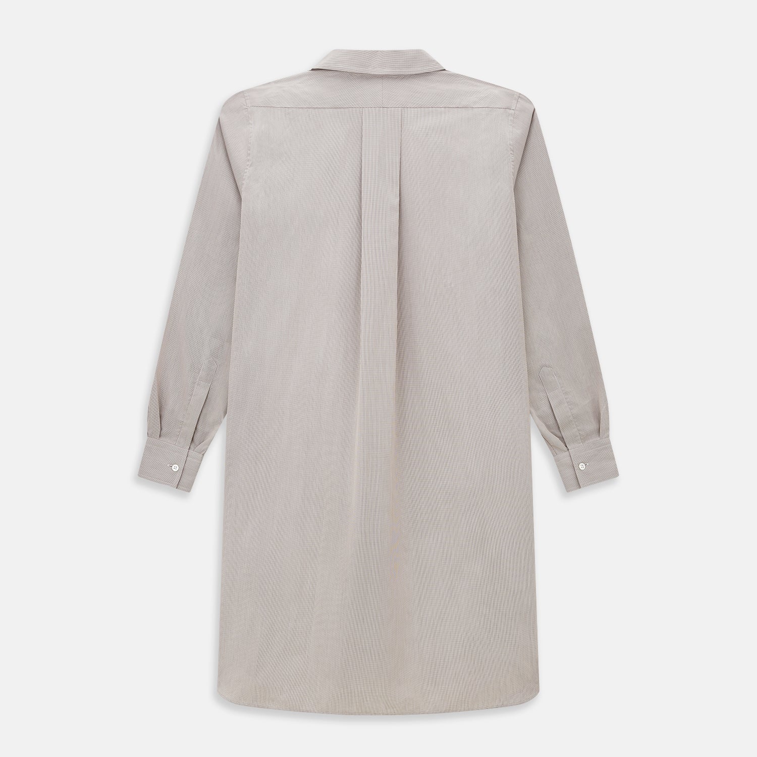 View 3 of product The Turnbull & Asser Brown Micro Check Quarzo Nightshirt is a long-sleeve shirt dress inspired by classic sleepwear, featuring a collar, chest pocket, upper front buttons, and a subtle micro check pattern on a white background.