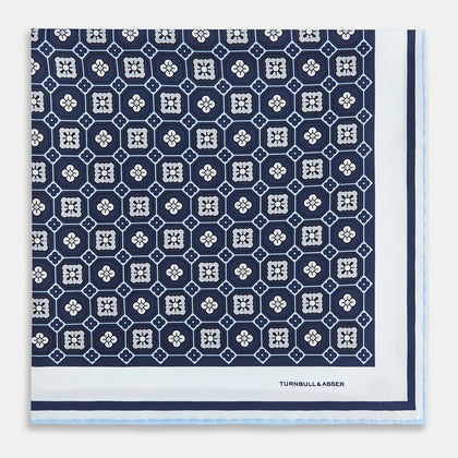 Navy Floral Tile Silk Pocket Square Image 7