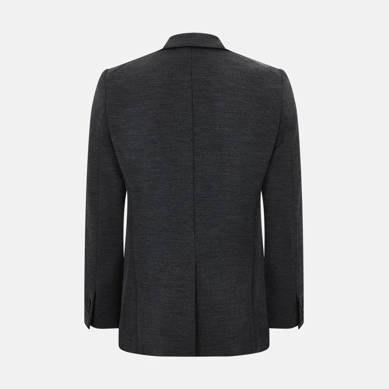 Image 3 of product The Turnbull & Asser Graphite Knitted Oxford Blazer for men features a dark gray hue, two buttons, notched lapels, and three front pockets—a modern British-inspired piece styled elegantly against a light background.
