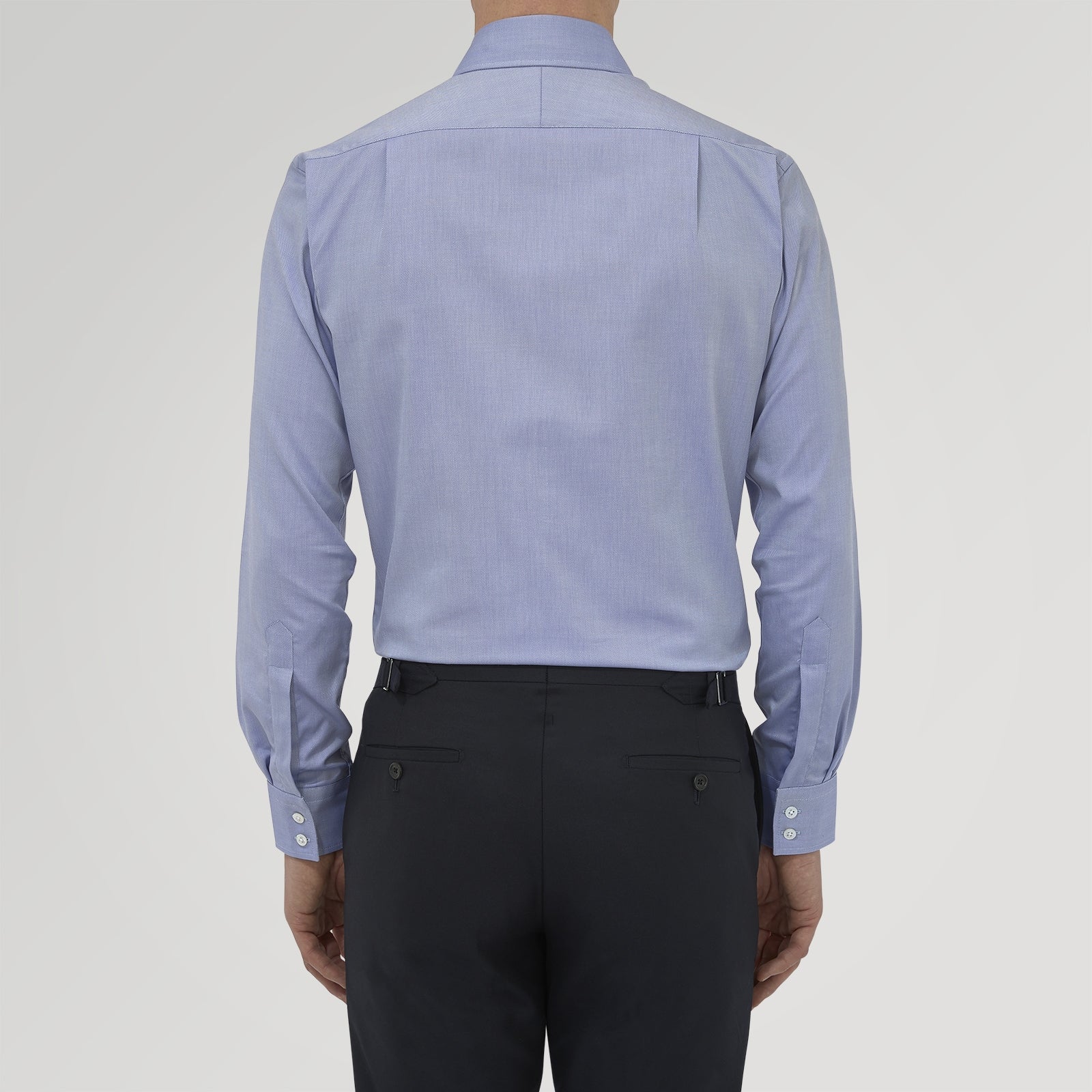 View 3 of product A Turnbull & Asser Tailored Fit Blue Royal Oxford Cotton Shirt with a Kent collar and 2-button cuffs is neatly displayed on a white background, highlighting its refined design and quality craftsmanship.
