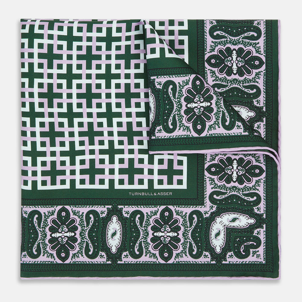 Forest Green Square-Patterned and Paisley Patterned Silk Pocket Square