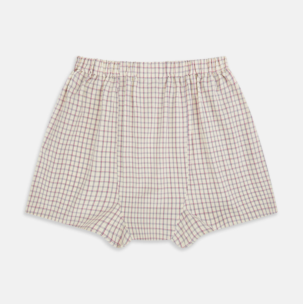 These Pink and Cream Double Graph Check Godfrey Boxer Shorts by Turnbull & Asser feature Italian cotton, an elastic waistband, and a pink and cream checked pattern, displayed flat on a white background.