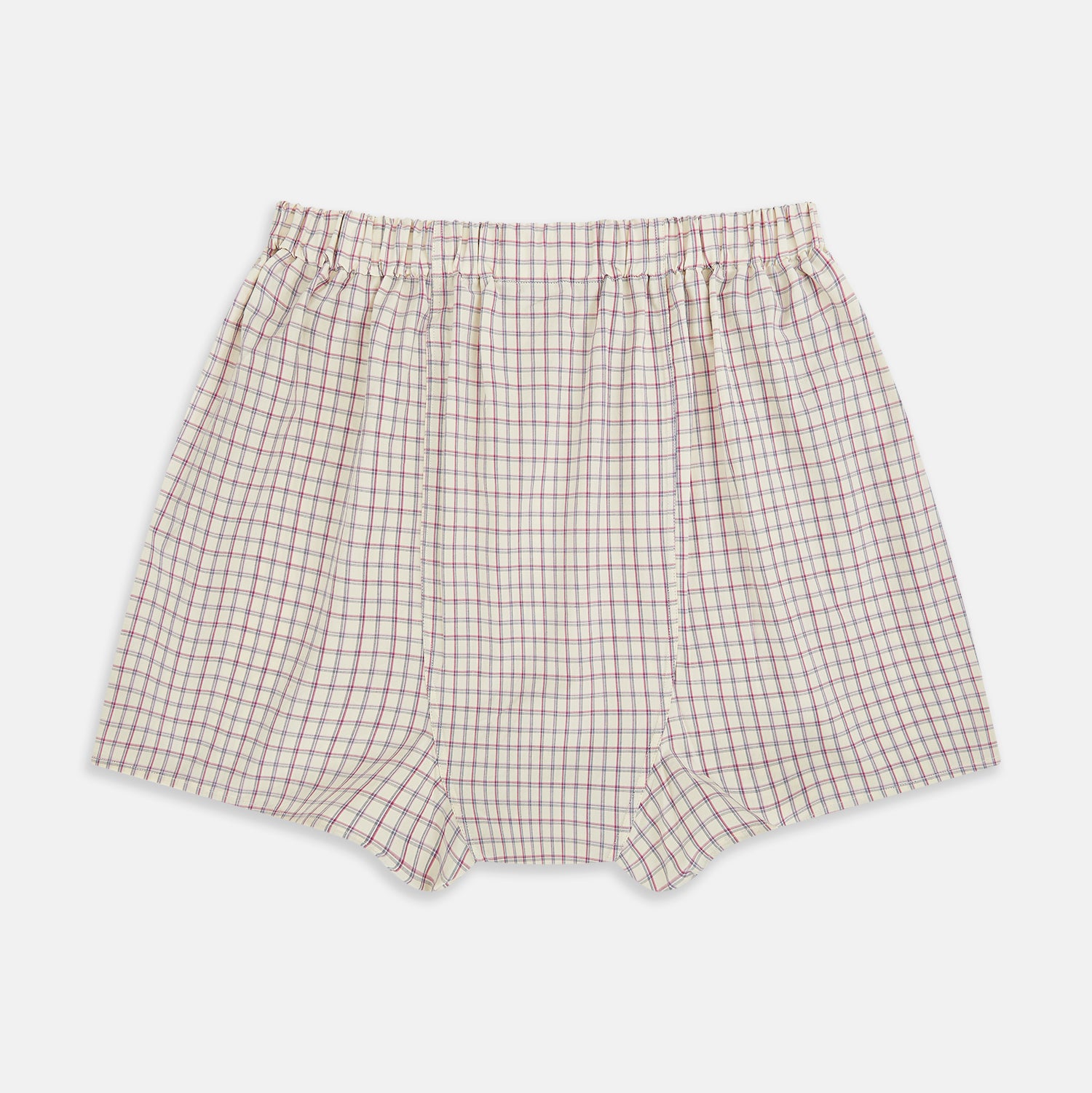 View 2 of product These Pink and Cream Double Graph Check Godfrey Boxer Shorts by Turnbull & Asser feature Italian cotton, an elastic waistband, and a pink and cream checked pattern, displayed flat on a white background.