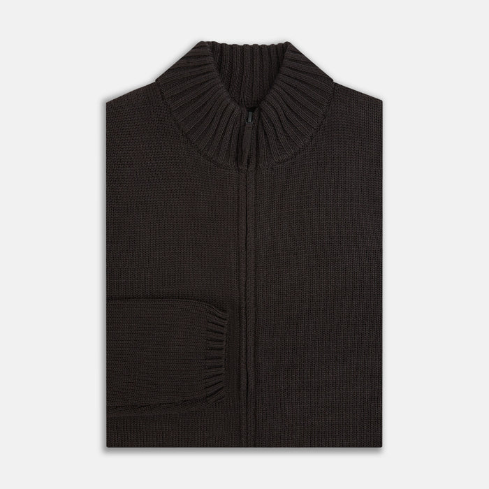 Brown Merino High Neck Zipped Cardigan Image 3