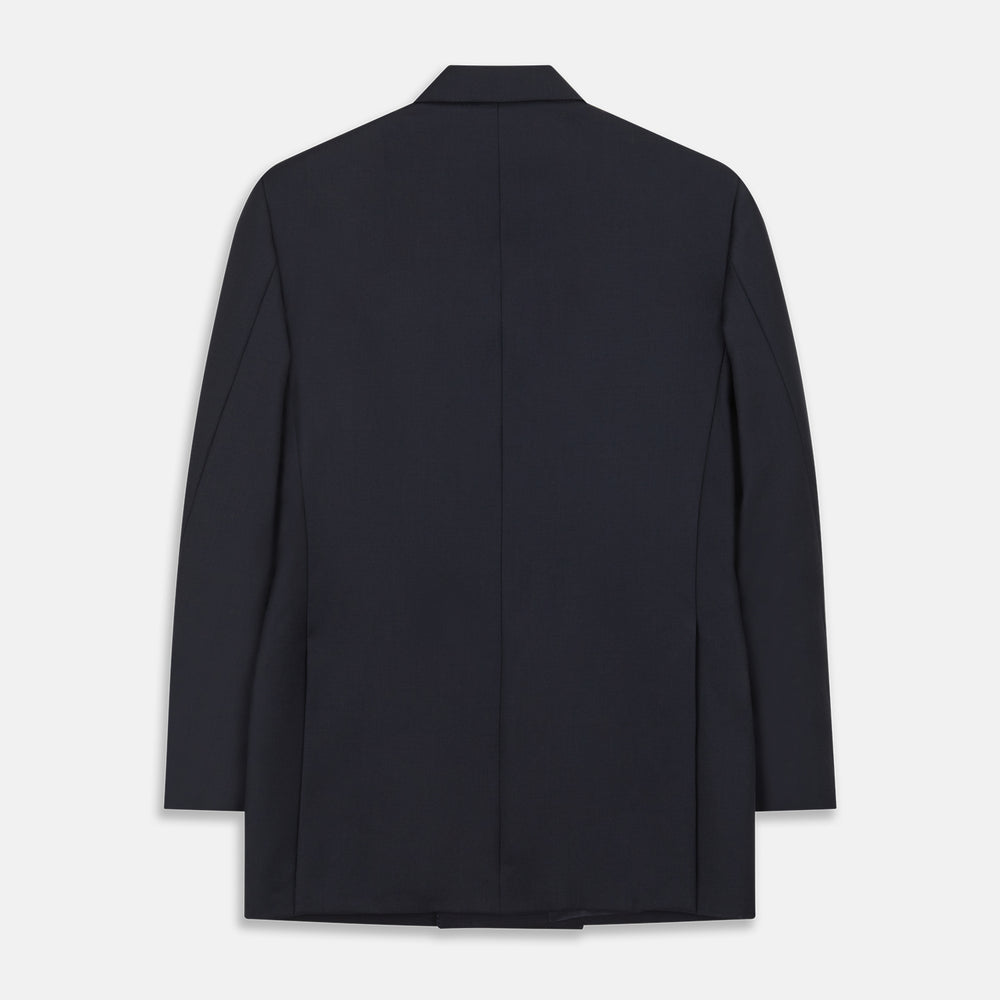 The Classic Navy Wool Blazer by Turnbull & Asser features a double-breasted design, gold buttons, notched lapels, and multiple front pockets, shown on a white background. This piece offers timeless, sophisticated nautical style.