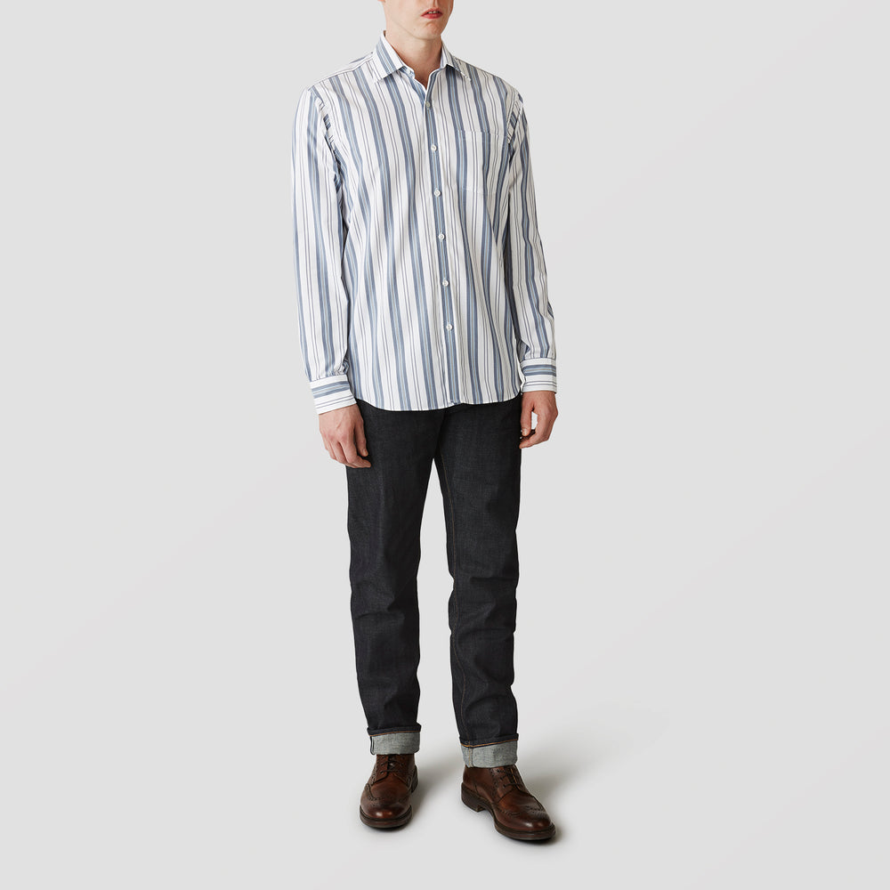 The Turnbull & Asser Blue, Green & White Stripe Weekend Fit Shirt features a Derby collar, 1-button cuffs, and a classic striped design—ideal for winter layering. Displayed on a plain white background.