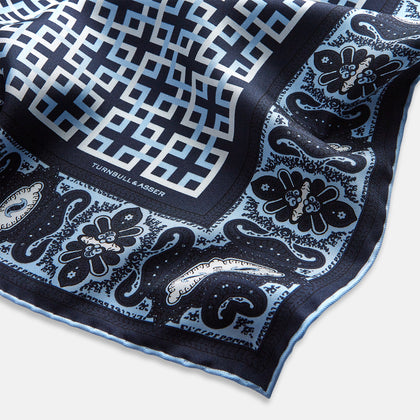 Navy Square-Patterned and Paisley Patterned Silk Pocket Square Image 6