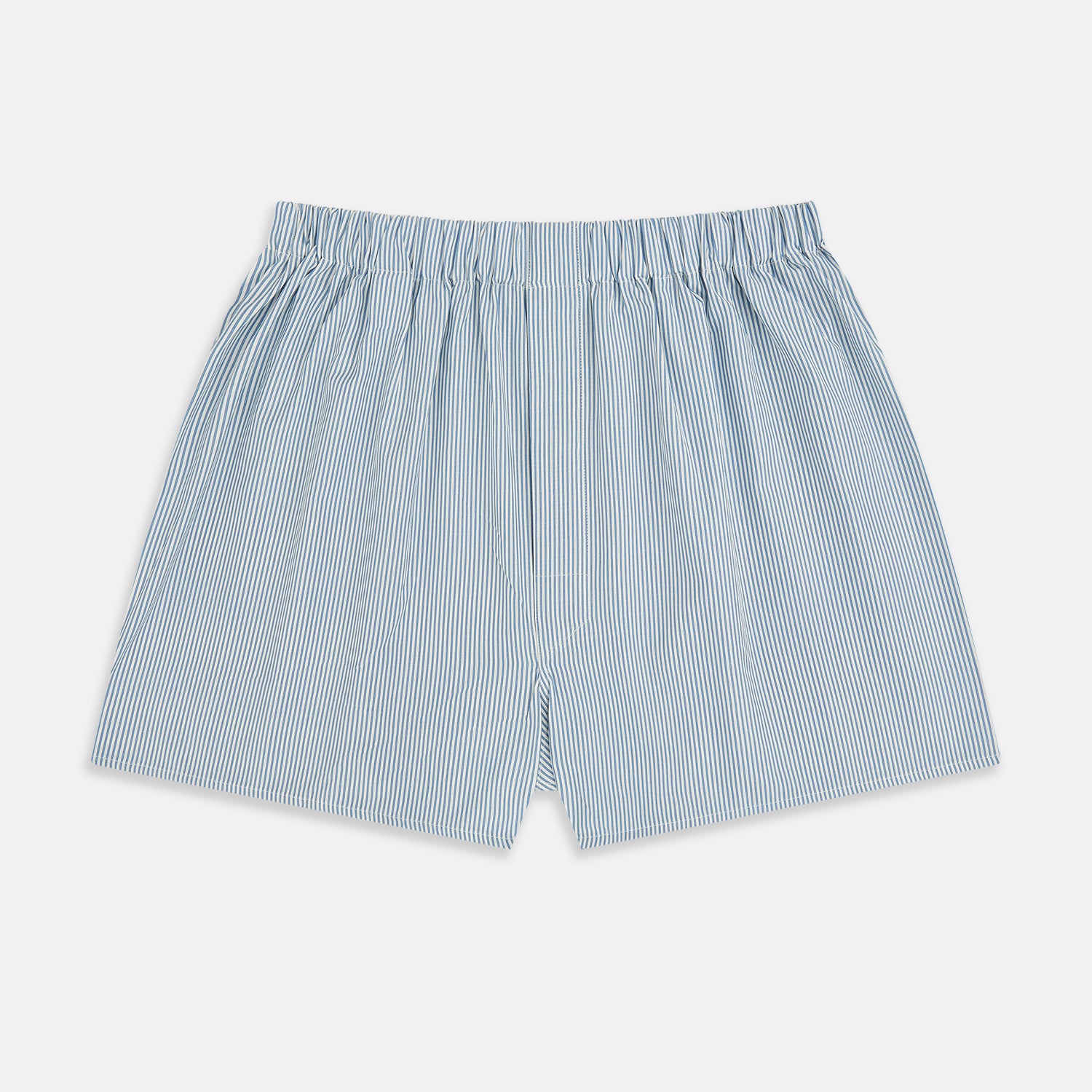 View 1 of product Turnbull & Asser Blue Bengal Stripe Godfrey Boxer Shorts: men's luxury Italian cotton boxers with a light blue and white vertical stripe and elastic waistband, shown flat on a white background.