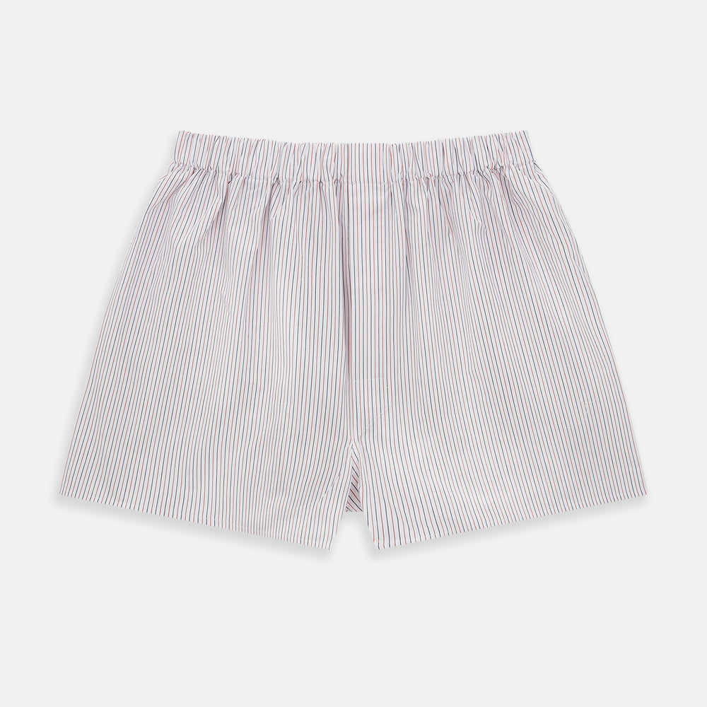 Red and black vertically striped Godfrey boxer shorts by Turnbull & Asser, crafted from soft Italian cotton with an elastic waistband, displayed flat on a white background.