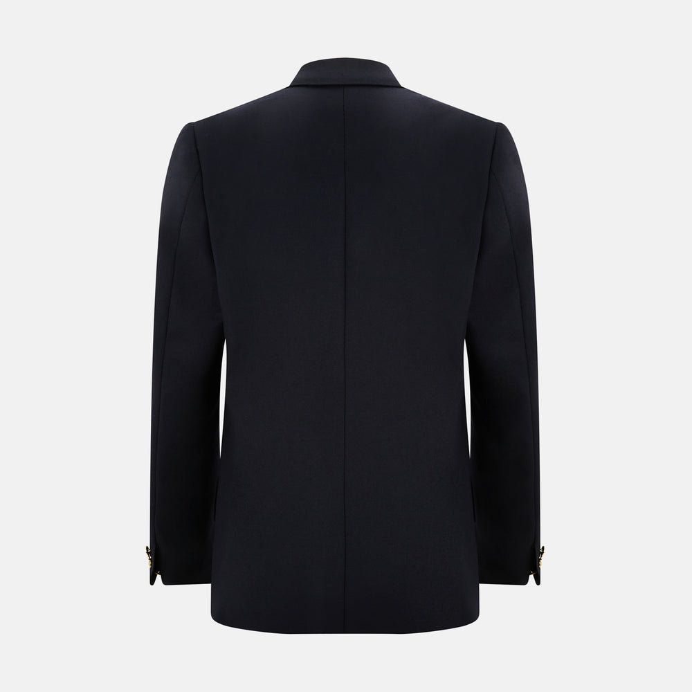 The Turnbull & Asser Navy Single Breasted Classic Blazer features notch lapels, two gold buttons, and three front pockets, inspired by British tailoring and shown against a plain white background.