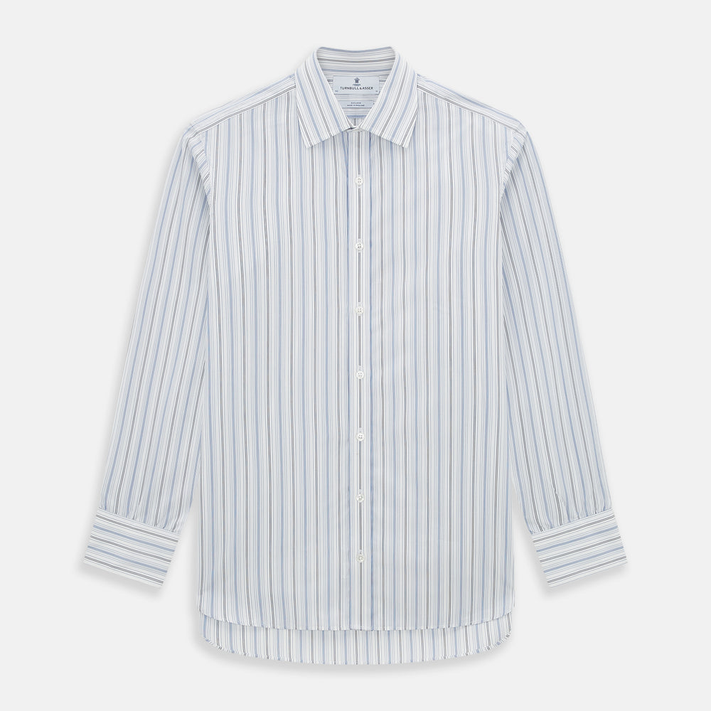 The Turnbull & Asser Navy and Blue Multi Stripe Mayfair Shirt features long sleeves, a T&A collar, and buttoned cuffs, shown against a white background.