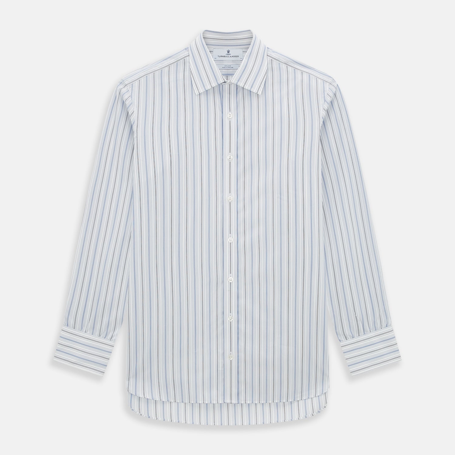 View 1 of product The Turnbull & Asser Navy and Blue Multi Stripe Mayfair Shirt features long sleeves, a T&A collar, and buttoned cuffs, shown against a white background.