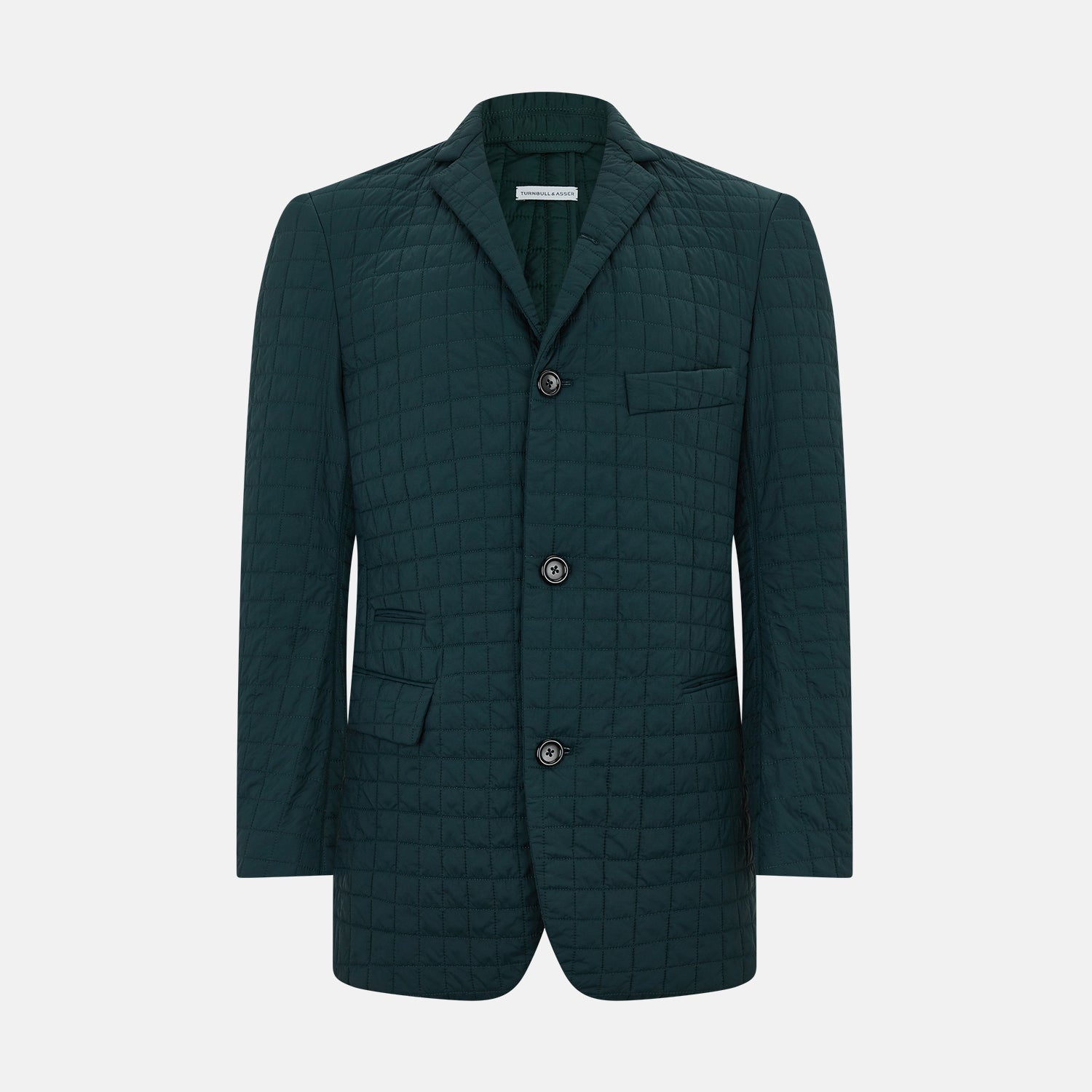 Image 1 of product The Turnbull & Asser Fulham Forest Green Single-Breasted Quilted Blazer features a three-button front, notched lapels, chest pocket, and two front flap pockets—an elegant choice for the modern gentleman on a plain white background.