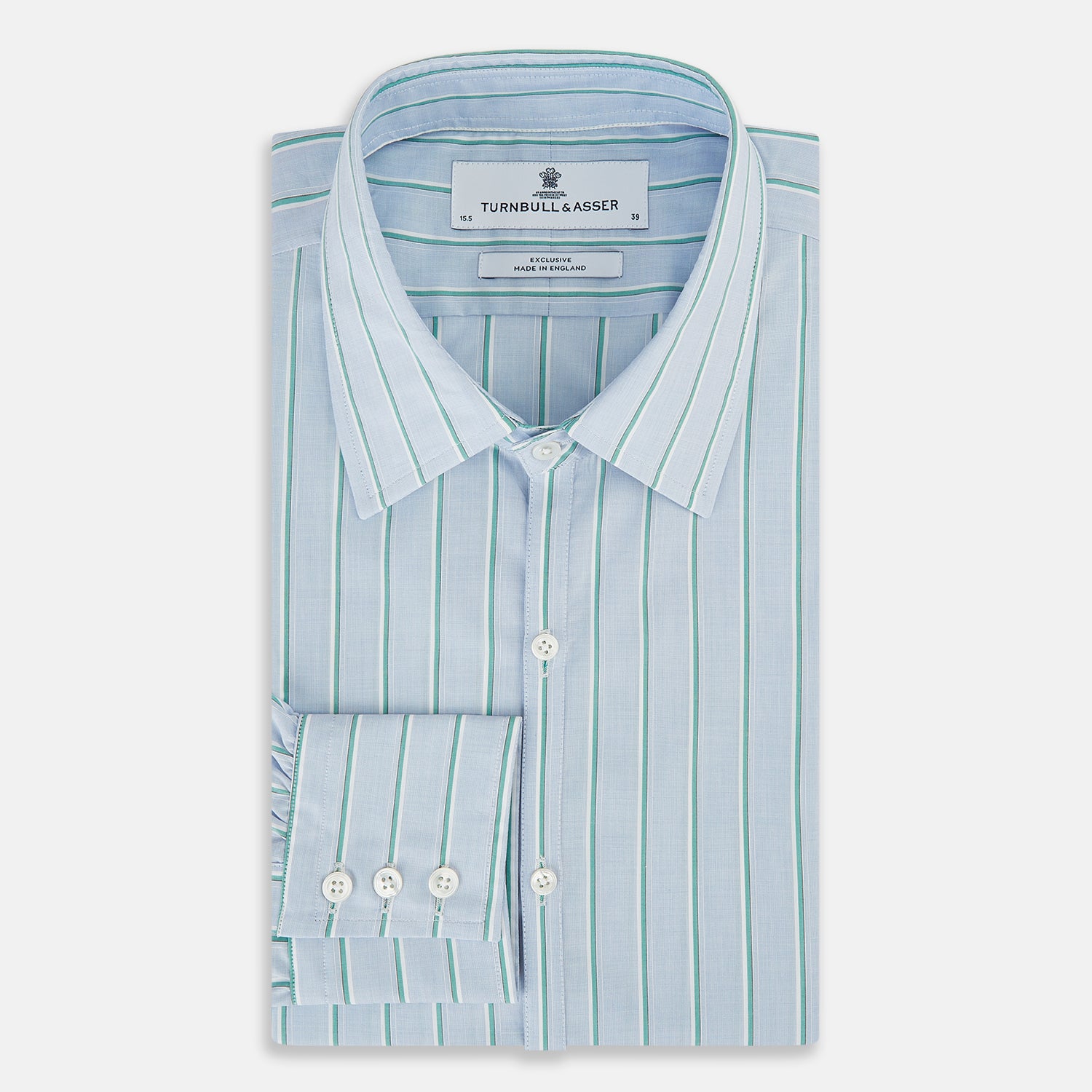 Image 5 of product Blue and green multi-stripe Westminster shirt by Turnbull & Asser, featuring a pointed collar and buttoned cuffs—a refined example of British craftsmanship on a plain white background.