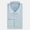 View 5 of product Blue and green multi-stripe Westminster shirt by Turnbull & Asser, featuring a pointed collar and buttoned cuffs—a refined example of British craftsmanship on a plain white background.