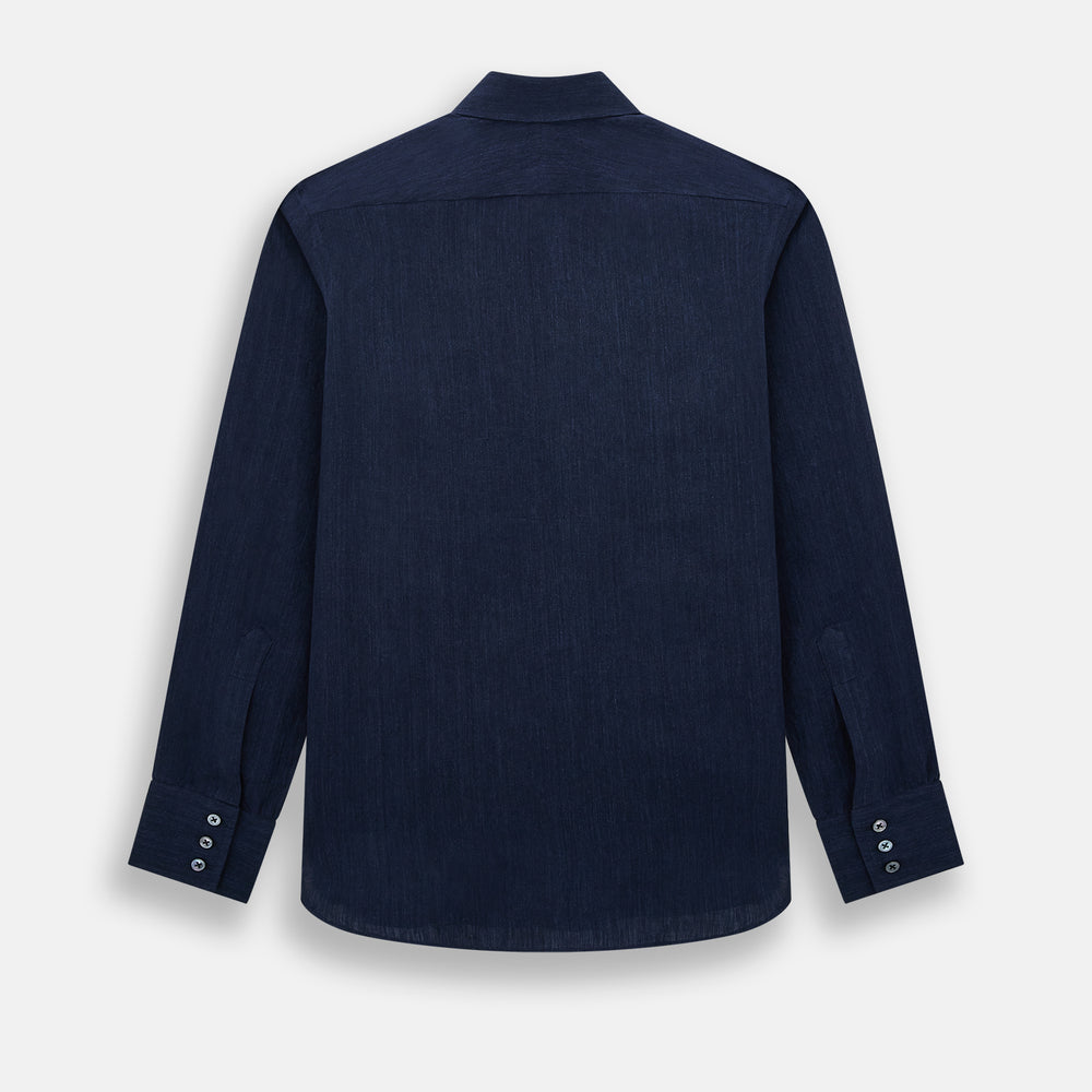 The Navy Linen Westminster Shirt by Turnbull & Asser features a classic collar and buttoned cuffs, exemplifying British craftsmanship. Shown here in long sleeves, the shirt is displayed flat against a white background.