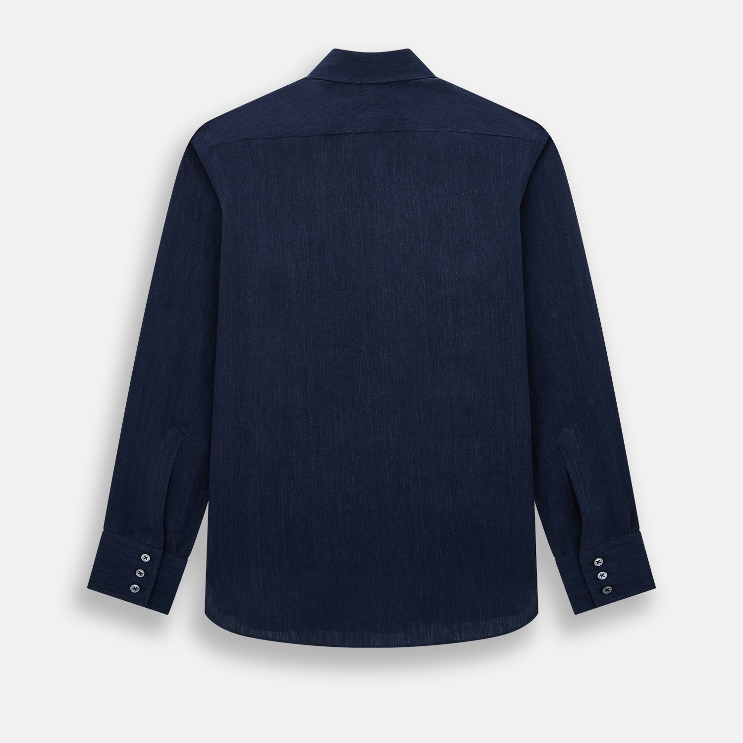 View 3 of product The Navy Linen Westminster Shirt by Turnbull & Asser features a classic collar and buttoned cuffs, exemplifying British craftsmanship. Shown here in long sleeves, the shirt is displayed flat against a white background.