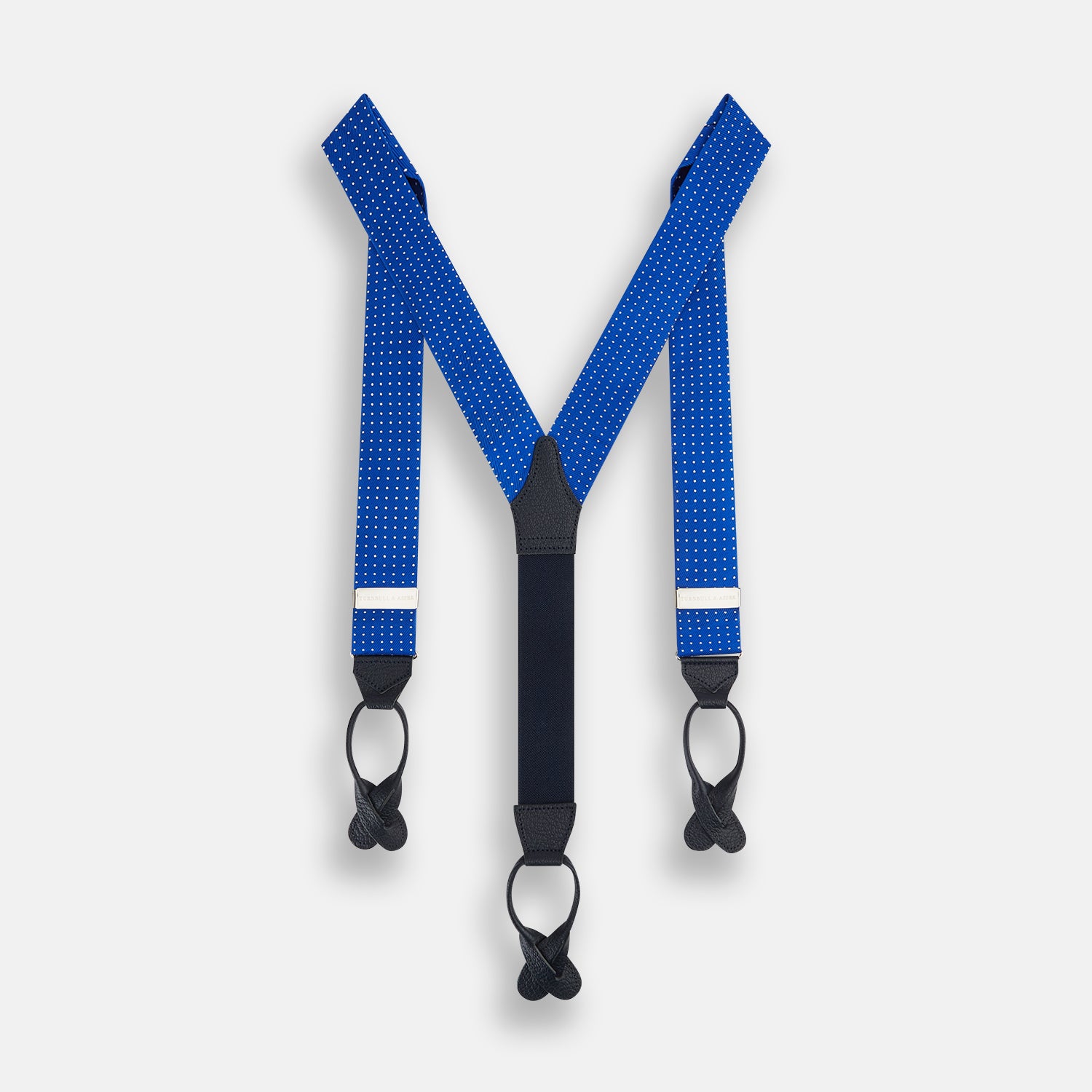 View 1 of product Turnbull & Asser Pale Blue & White Small Spot Adjustable Silk and Navy Leather Braces, arranged in an M shape on a white background—a stylish, refined accessory for any formal wardrobe.