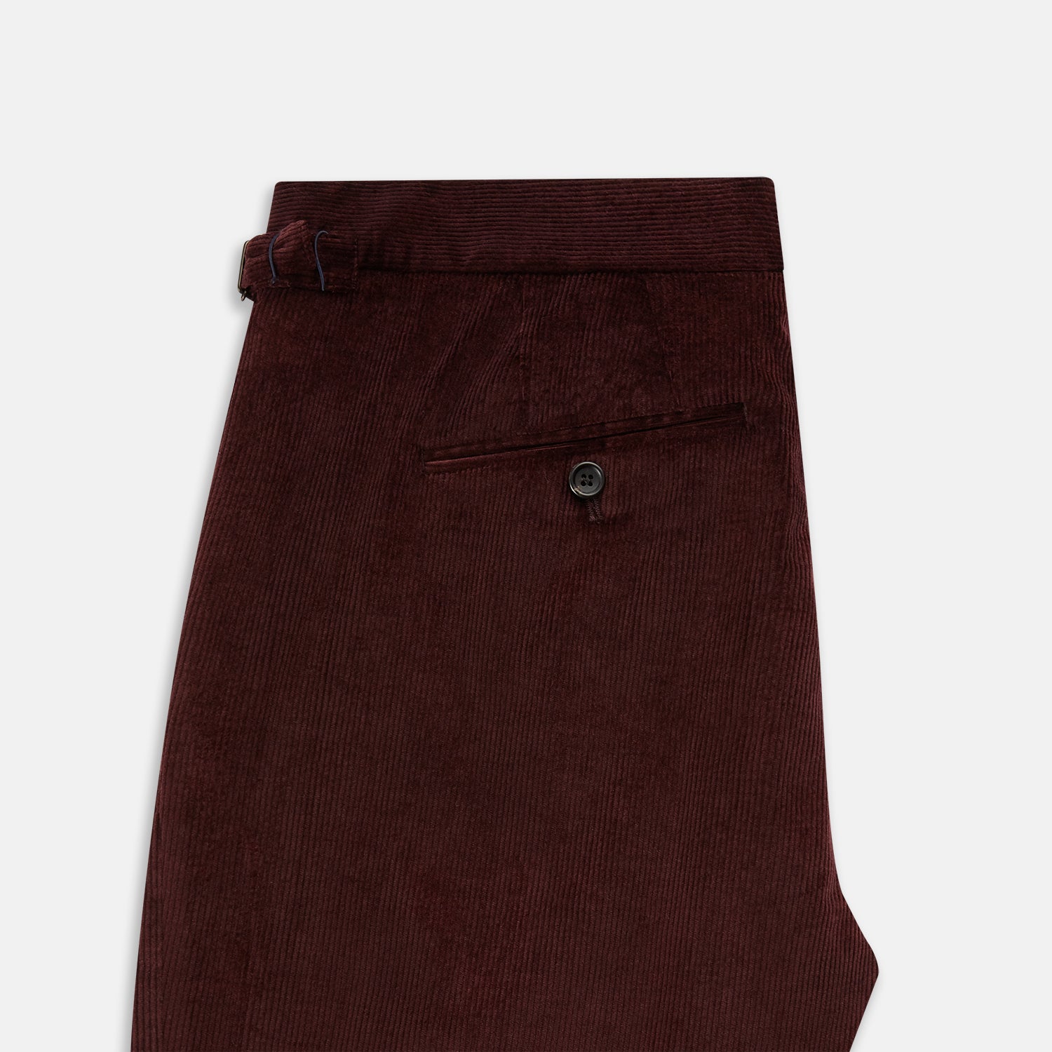 View 5 of product The Turnbull & Asser Burgundy Corduroy Henry Trousers feature a straight-leg cut, button and zip closure, and adjustable side tabs—perfect for refined formalwear—shown here on a plain white background.