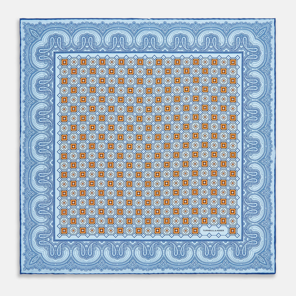 Blue Floral Tile and Paisley Silk Pocket Square