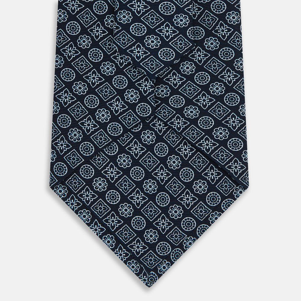 Navy Floral Tile Pattern Printed Silk Tie
