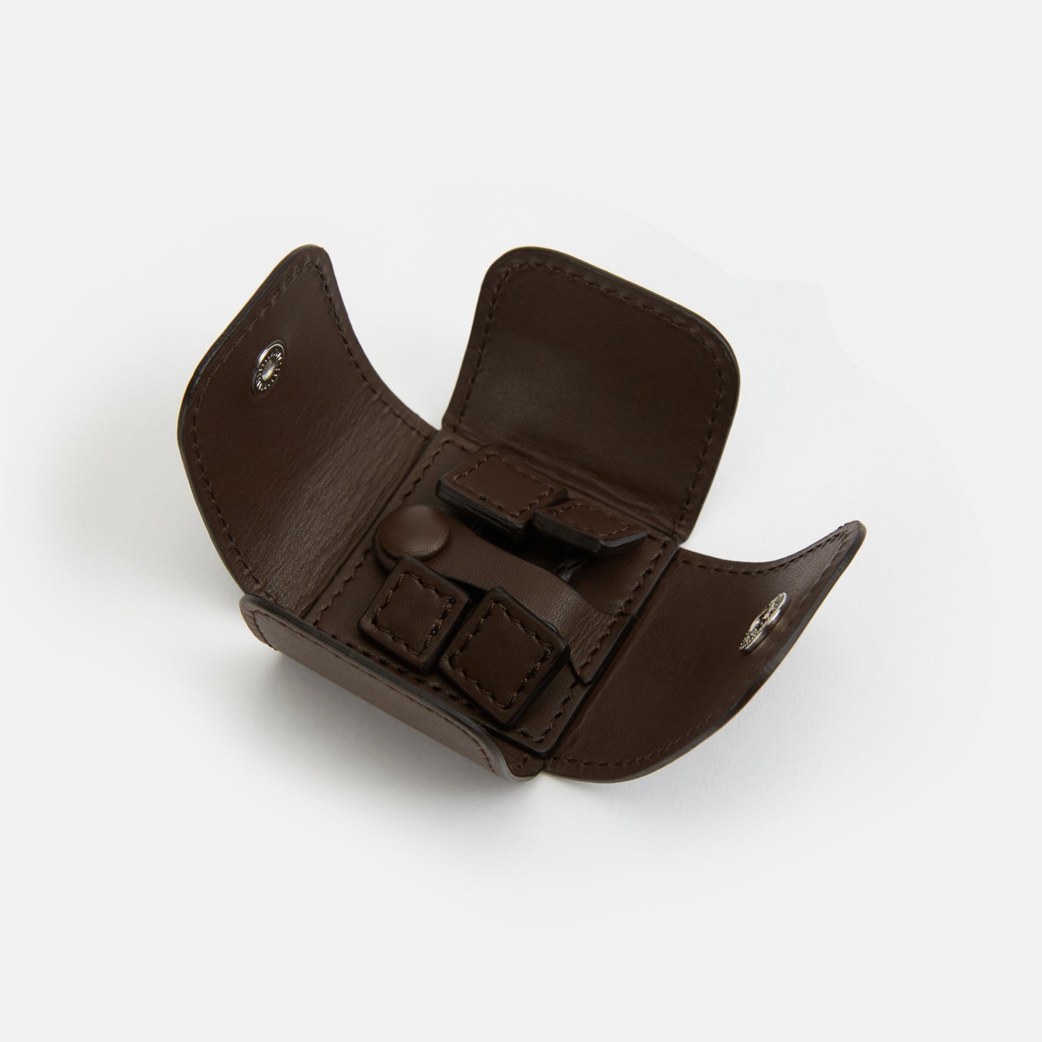 View 2 of product Turnbull & Asser’s Dark Chocolate Leather Cufflinks feature square Italian leather with stitched edges and braided links, perfect for men’s accessories, shown here on a white background.