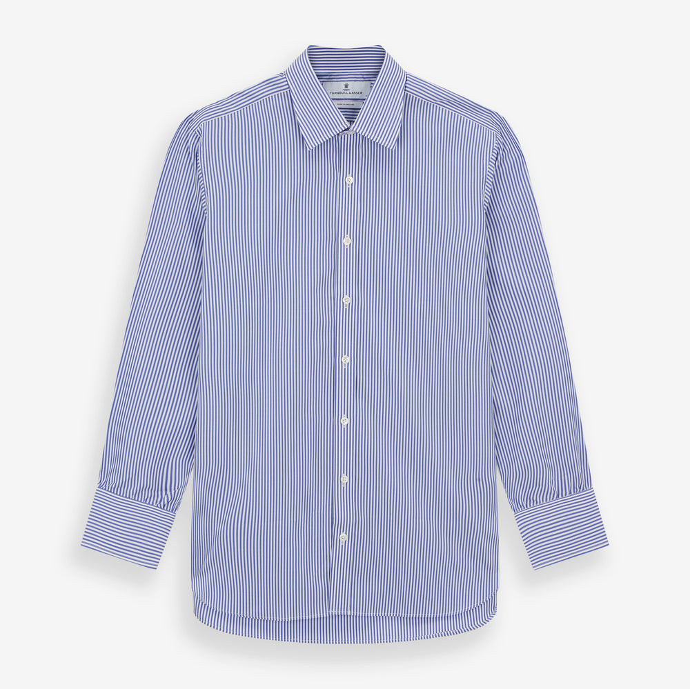 The Turnbull & Asser Blue Bengal Stripe Shirt with T&A collar and 3-button cuffs is shown laid flat on a white background.
