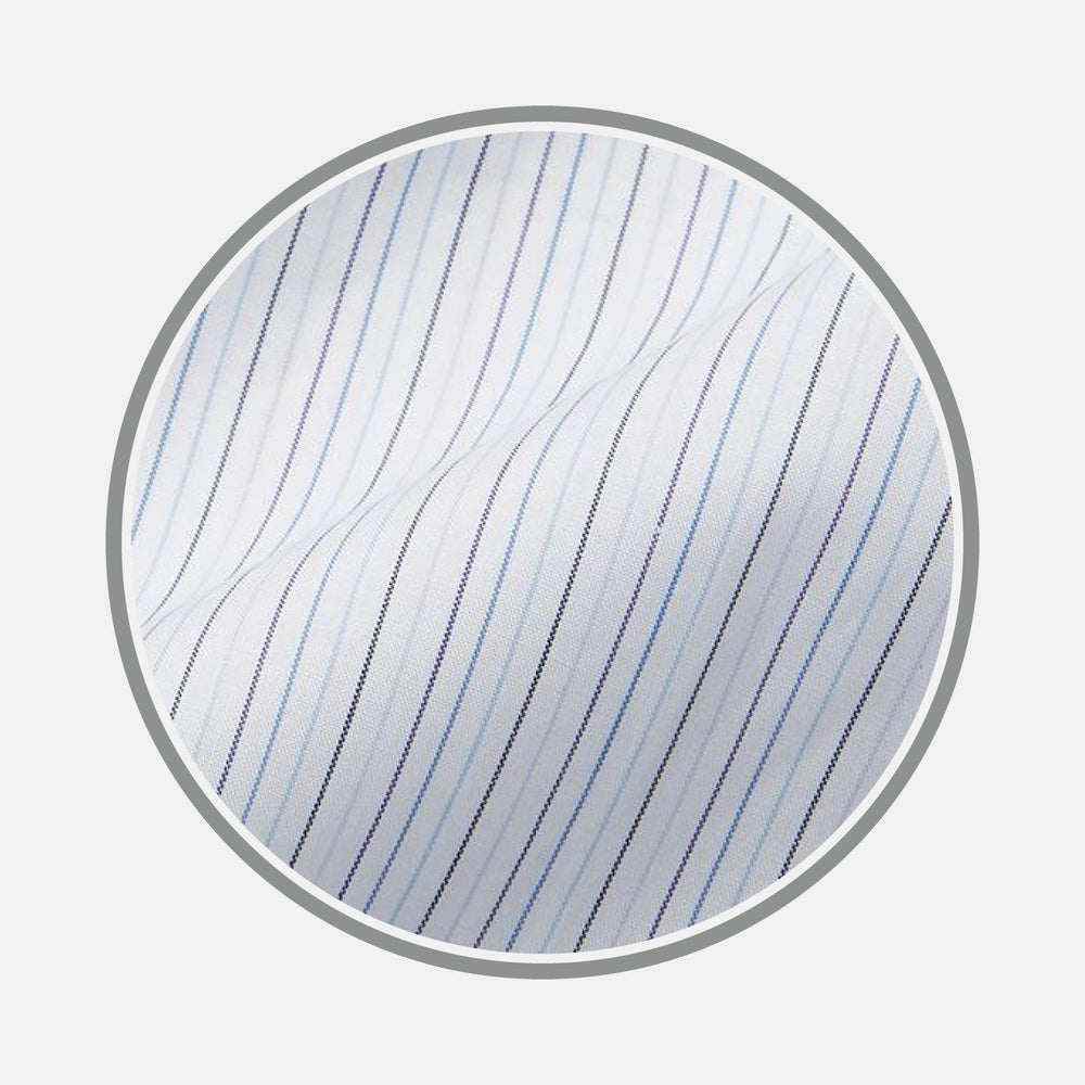 Close-up of Turnbull & Asser's Purple Multi Stripe Cotton Fabric, featuring thin, evenly spaced blue and black vertical pinstripes, shown within a circular frame.