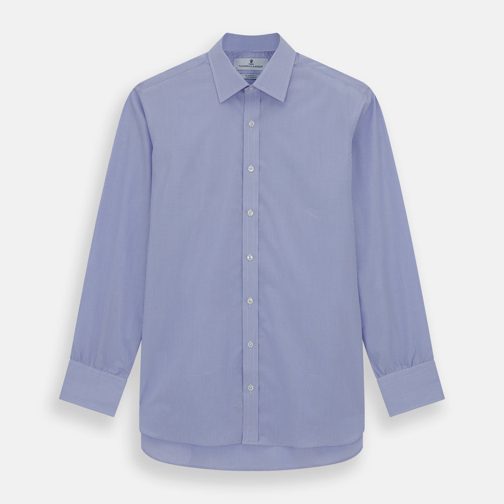 The Turnbull & Asser Blue Fine Check Sea Island Quality Cotton Shirt features a T&A collar, 3-button cuffs, and white buttons, shown on a plain white background.