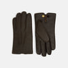 View 1 of product A pair of Turnbull & Asser Brown/Beige Fur-Lined Hairsheep Leather Touchscreen Gloves is shown on a white background, one displaying the back and the other the palm with a wrist button closure.