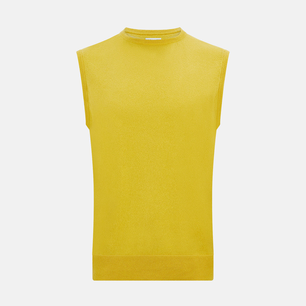 The Turnbull & Asser Canary Yellow Cashmere Round Neck Vest is a sleeveless jumper featuring ribbed collar, hem, and armholes, shown against a plain white background.