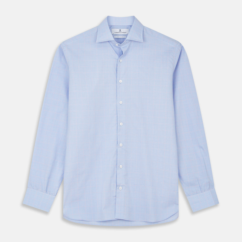 A Blue and Red Prince of Wales Check Mayfair Shirt by Turnbull & Asser, featuring long sleeves, a spread collar, buttoned cuffs, and button-up front, is laid flat on a white background.