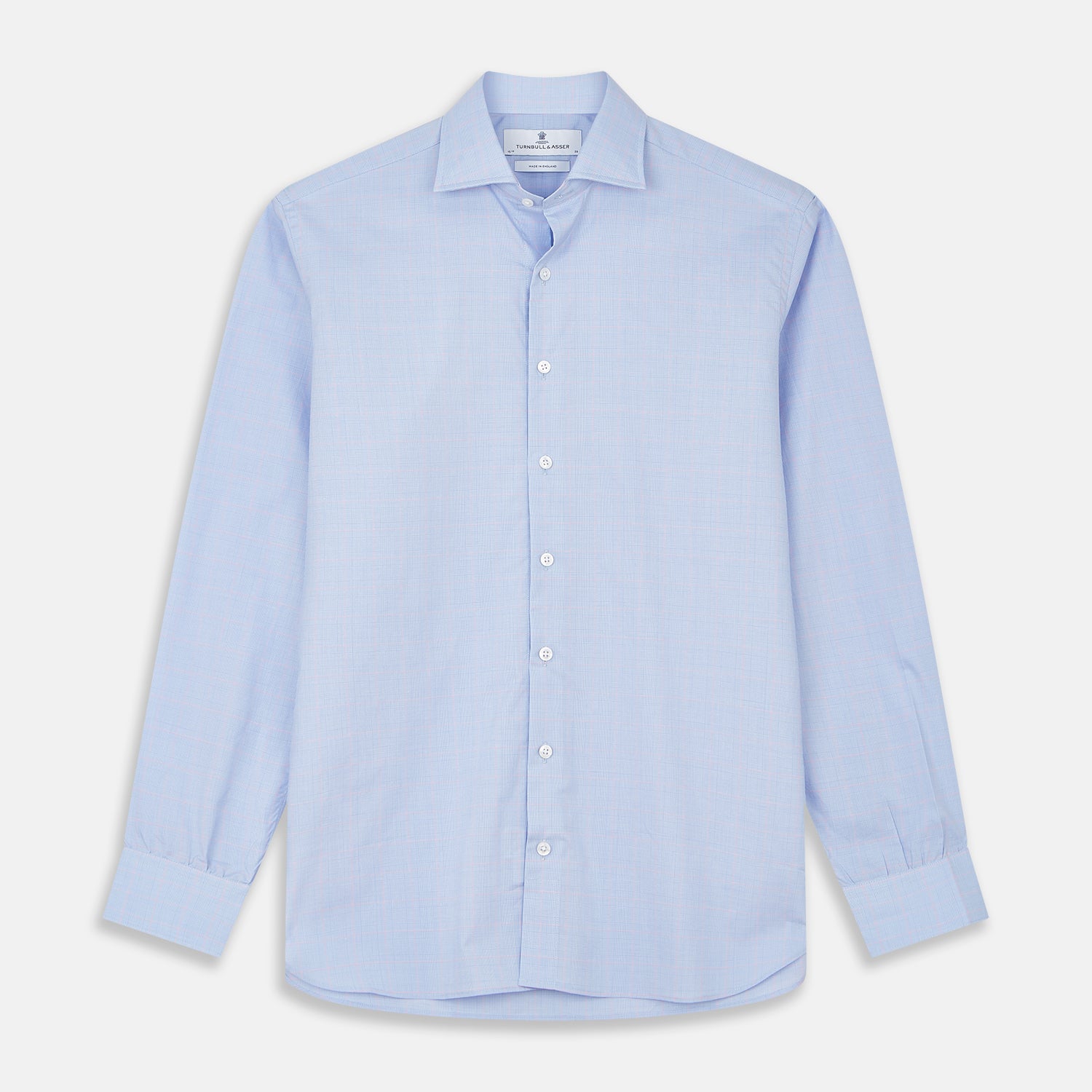 View 1 of product A Blue and Red Prince of Wales Check Mayfair Shirt by Turnbull & Asser, featuring long sleeves, a spread collar, buttoned cuffs, and button-up front, is laid flat on a white background.