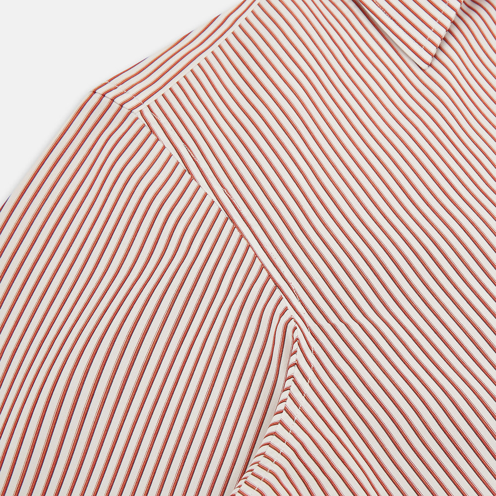 The Red Shadow Stripe Westminster Shirt by Turnbull & Asser features long sleeves, a Turnbull collar, thin red and white vertical stripes, white buttons, and showcases British craftsmanship against a plain white background.