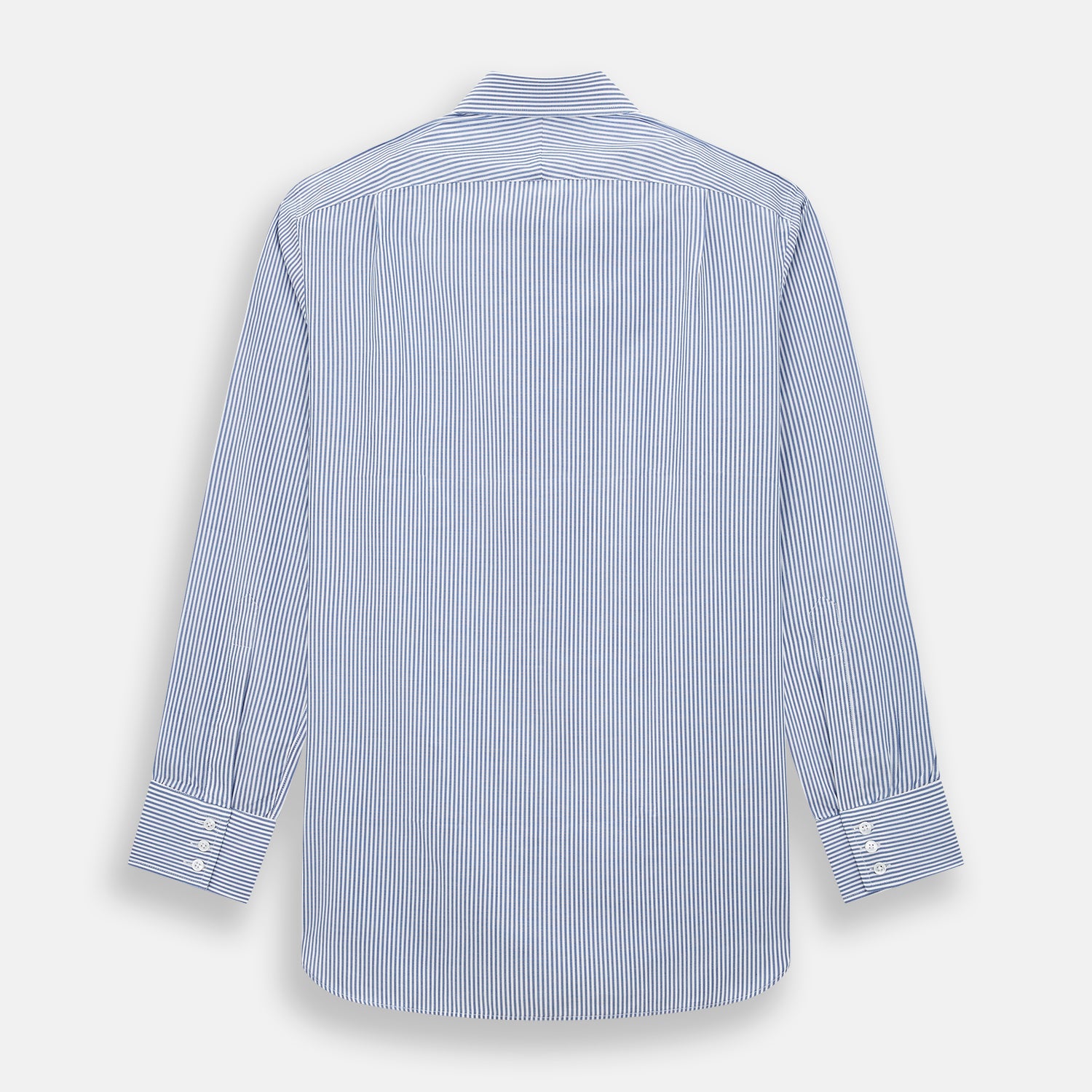 View 3 of product The Turnbull & Asser Navy Bengal Stripe Mayfair Shirt is a long-sleeved, collared formal shirt with blue and white stripes, white buttons, and buttoned cuffs—ideal for classic style enthusiasts. Displayed on a plain white background.