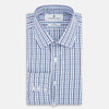 View 5 of product The Turnbull & Asser Blue and Navy Multi Check Mayfair Shirt, made from fine Italian cotton with long sleeves, a button-up front, and a classic collar, is shown against a white background.