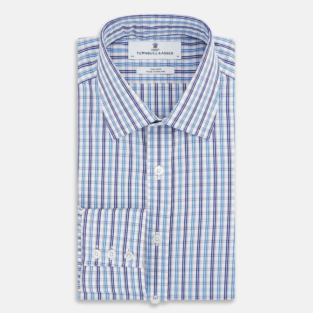 The Turnbull & Asser Blue and Navy Multi Check Mayfair Shirt, made from fine Italian cotton with long sleeves, a button-up front, and a classic collar, is shown against a white background.