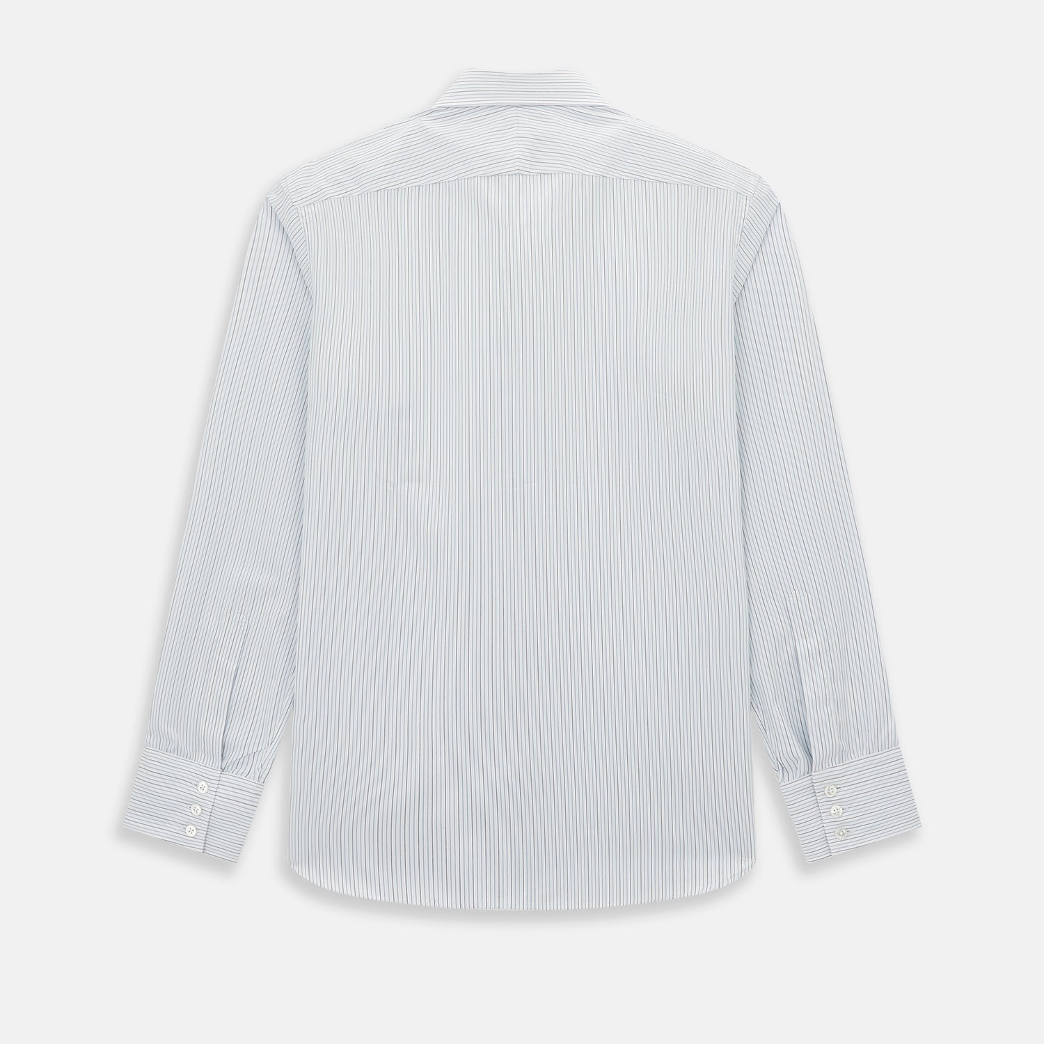 View 3 of product The Turnbull & Asser Pale Blue and Navy Pinstripe Westminster Shirt features long sleeves, a classic collar, and buttoned cuffs, highlighting British craftsmanship. The shirt is laid flat on a white background.