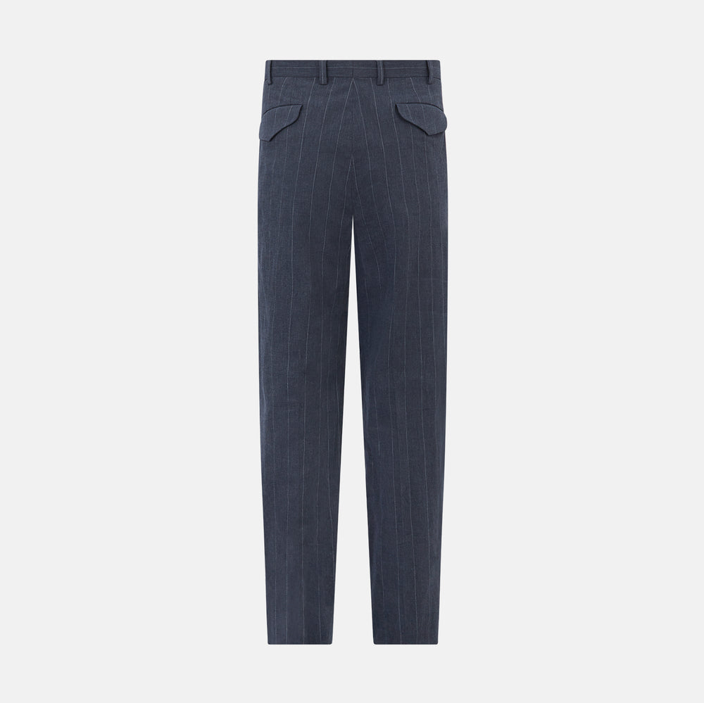 The Navy Striped Edmund trousers by Turnbull & Asser have a relaxed, straight-leg fit with front pleats, belt loops, and a single button waist closure, shown against a plain white background.