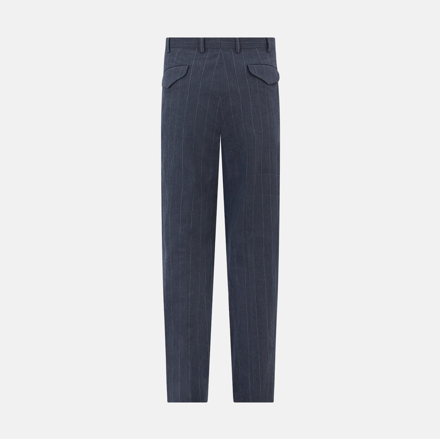 View 4 of product The Navy Striped Edmund trousers by Turnbull & Asser have a relaxed, straight-leg fit with front pleats, belt loops, and a single button waist closure, shown against a plain white background.