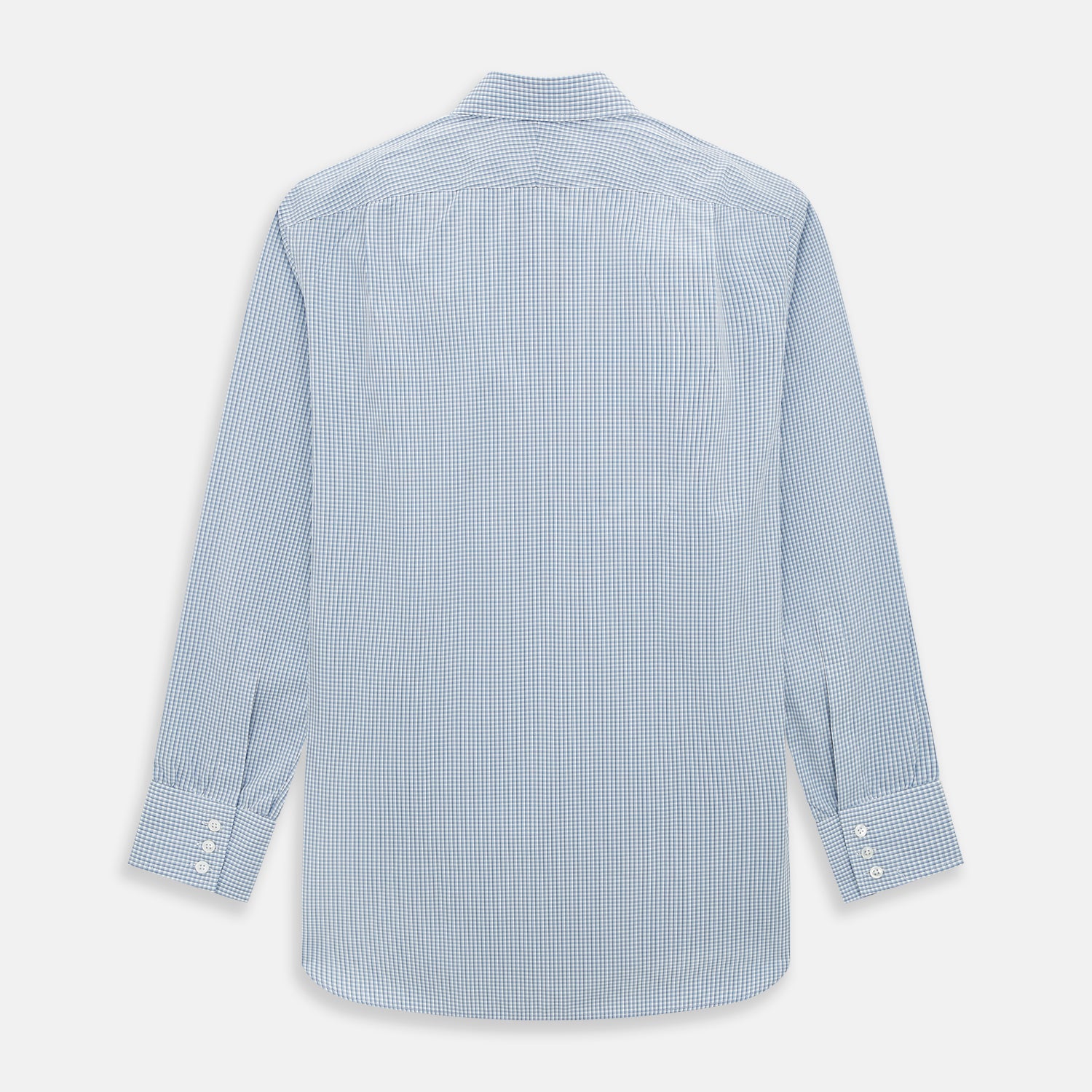 View 3 of product The Turnbull & Asser Blue Micro Shadow Check Mayfair Shirt features a long-sleeve, button-up design with a small blue and white check pattern, pointed T&A collar, and classic cuffs.