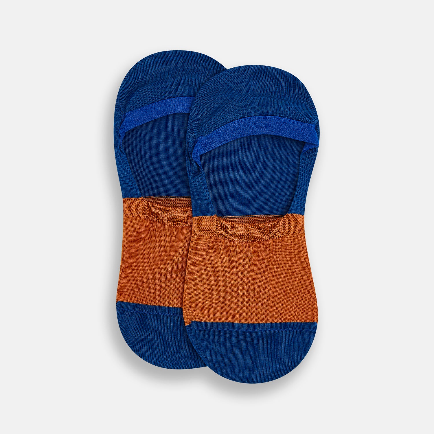 View 2 of product The Turnbull & Asser Royal Blue & Orange No-Show Socks are soft cotton, low-cut socks with a royal blue heel and toe, orange midsection, and blue lining, shown on a plain white background.