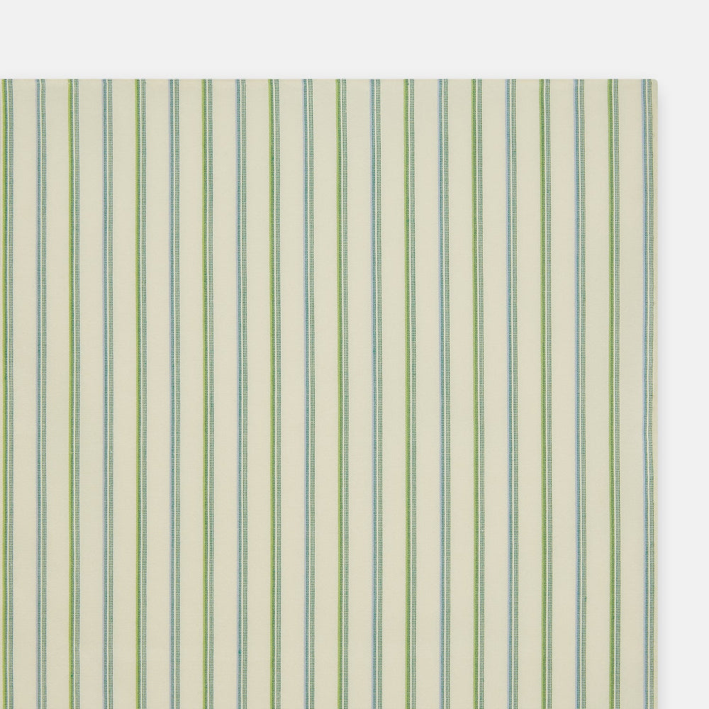 The Turnbull & Asser Hand Rolled Green Double Stripe Handkerchief features a white cotton base with green and blue stripes, neatly folded for use as a refined pocket square—an essential accessory for any gentleman.