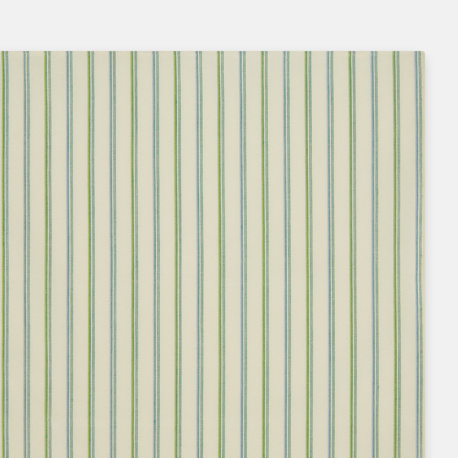 View 2 of product The Turnbull & Asser Hand Rolled Green Double Stripe Handkerchief features a white cotton base with green and blue stripes, neatly folded for use as a refined pocket square—an essential accessory for any gentleman.